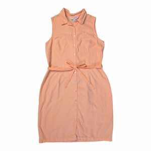 American Vtg 90s Peach Linen Shirt Dress Sz 12 P Sleeveless Belted Knee Length
